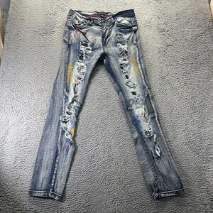 Encrypted Jeans Mens 32x32 Blue Cotton Denim Straight Biker Distressed Stretch